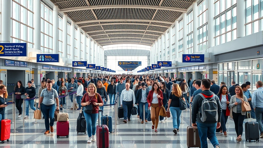 Busy airport terminal interior showing diverse travelers with luggage navigating through modern concourse, natural lighting, contemporary architecture, realistic crowd scene
