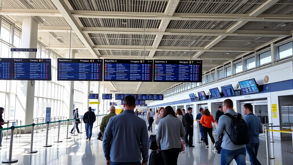 Newark Airport departure hall with travelers checking departure boards and moving through terminal, architectural details visible, professional travel atmosphere, natural daylight