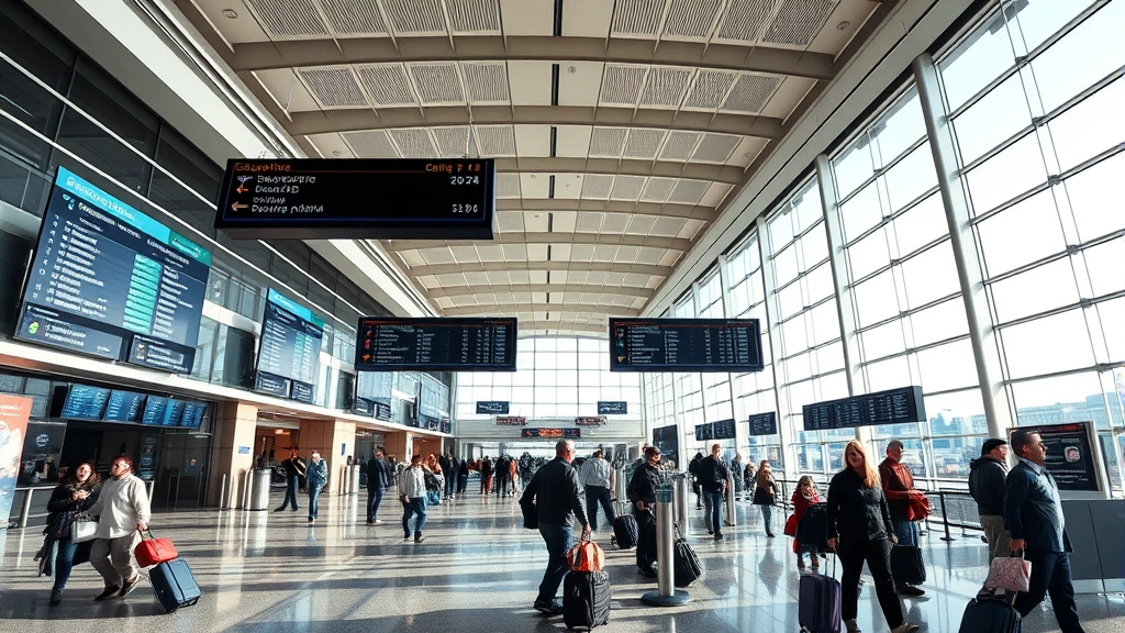 Wide-angle photograph of Boston Logan International Airport departure hall, showing modern architecture with large windows, passengers with luggage, airline signage, and departure boards displaying flight information, bright natural lighting