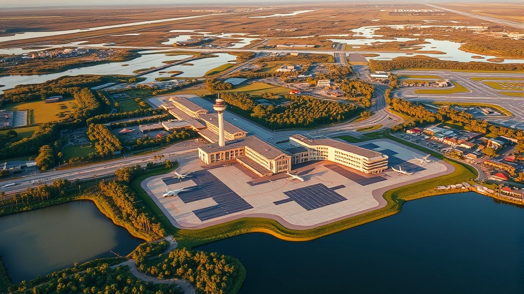 Aerial view of Orlando International Airport surrounded by Florida landscape, terminal buildings visible, aircraft on tarmac, palm trees and wetlands in background, late afternoon golden hour lighting