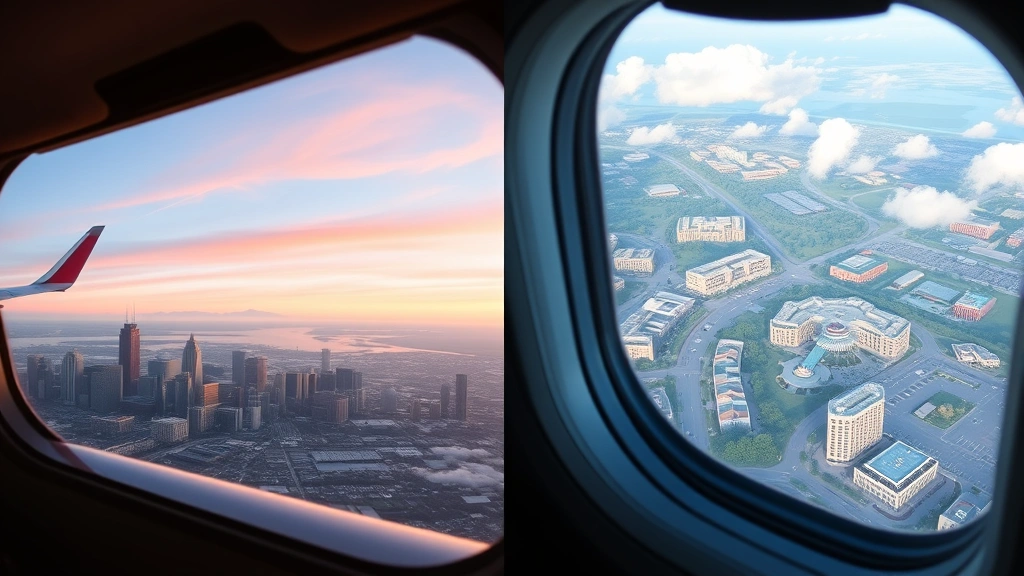 Split-screen composition showing airplane window view of Boston skyline during daytime flight on left side and tropical Orlando landscape with theme park attractions visible from aircraft window on right side