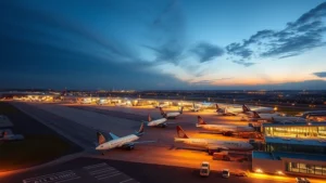 Aerial view of Boston Logan International Airport with aircraft lined up at gates, dawn lighting, tarmac and terminal buildings visible, photorealistic