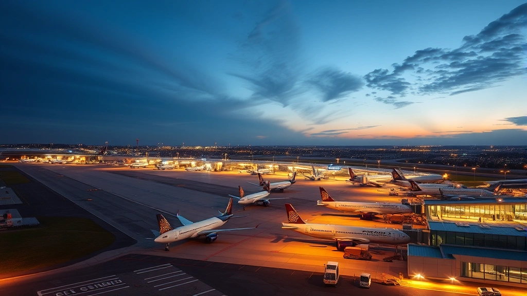 Aerial view of Boston Logan International Airport with aircraft lined up at gates, dawn lighting, tarmac and terminal buildings visible, photorealistic