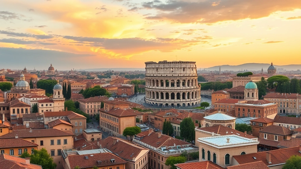 Panoramic view of Rome Colosseum and historic cityscape with Italian architecture, golden hour sunset lighting, terracotta roofs and ancient monuments, photorealistic travel photography