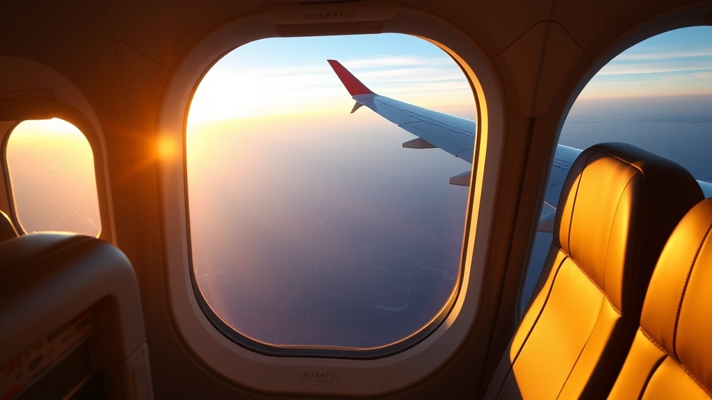 Passenger cabin interior of modern widebody aircraft flying over Atlantic Ocean, window seat view with wing and ocean below at sunrise, comfortable seating visible, photorealistic