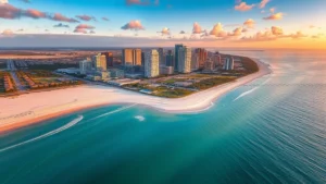 Aerial view of Tampa Bay coastline with white sandy beaches, turquoise water, and downtown Tampa skyline in background during golden hour sunset, photorealistic travel photography