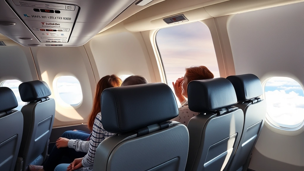 Modern aircraft cabin interior showing passengers in comfortable seats during flight with window views of clouds and sky below, bright natural lighting, commercial airline setting