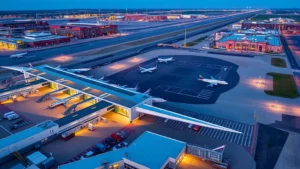Aerial view of Boston Logan International Airport terminal buildings and runways with aircraft parked at gates, clear daytime lighting, modern airport infrastructure visible