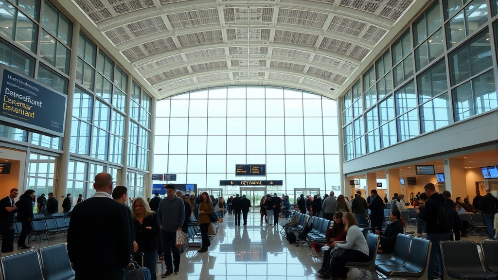 Toronto Pearson International Airport interior departure lounge with travelers, modern architecture, large windows, contemporary seating areas, busy airport atmosphere without visible signage