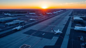 Aerial view of Boston Logan International Airport with planes on tarmac at sunrise, blue sky, professional aviation photography