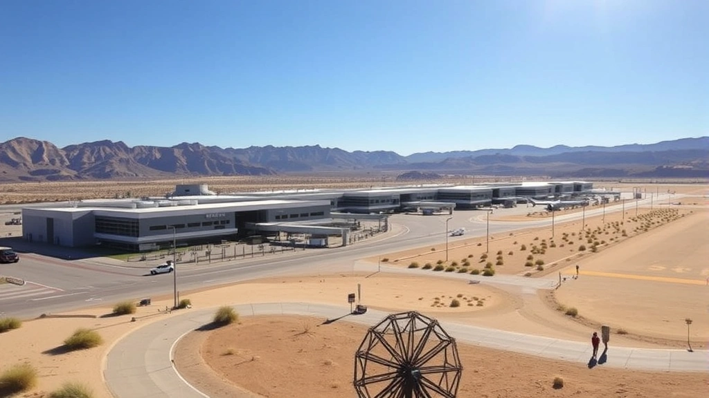 Harry Reid International Airport Las Vegas with desert landscape, modern terminal buildings, bright sunlight, travel photography