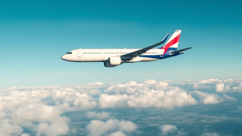 Modern commercial airplane in flight at cruising altitude over landscape with clear blue sky and white clouds, shot from side angle showing fuselage and wings