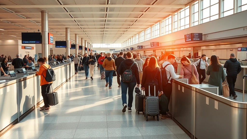 Busy airport terminal with travelers checking in at counters and moving through security checkpoints during daytime hours with warm natural lighting