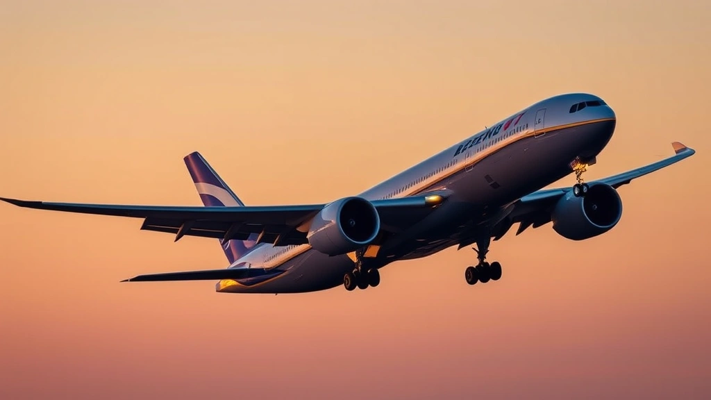Boeing 777 aircraft taking off from London Heathrow Airport at sunrise, showing the aircraft's powerful engines and aerodynamic design against clear morning sky