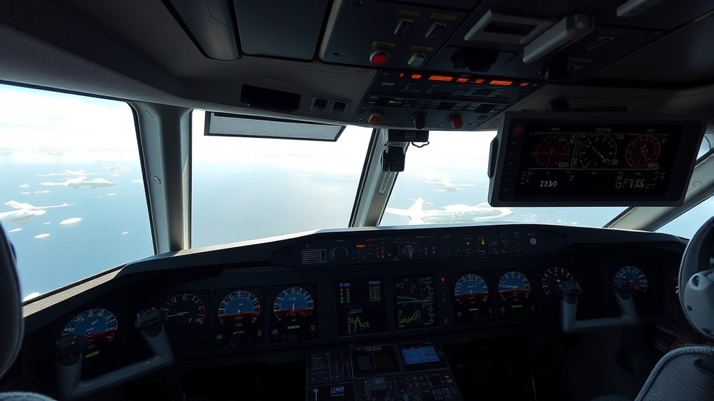 Cockpit view of transatlantic flight navigation systems displaying weather radar, flight instruments, and communication panels during daytime cruise over Atlantic Ocean