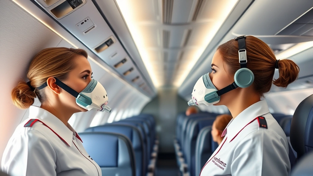 Flight attendants conducting safety demonstration with oxygen masks and emergency equipment in modern aircraft cabin, showing professional safety briefing procedures