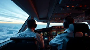 Commercial aircraft cockpit during daytime flight with pilots monitoring instruments and displays, realistic professional aviation environment