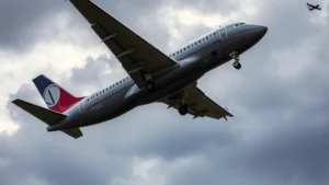 Commercial aircraft executing emergency descent with landing gear deployed, dramatic sky background, pilots visible in cockpit window, realistic photography style