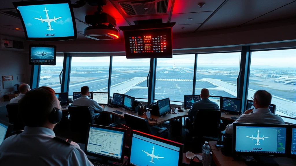 Air traffic control tower interior showing controllers at radar screens monitoring aircraft, emergency lighting activated, multiple personnel coordinating response, professional aviation environment