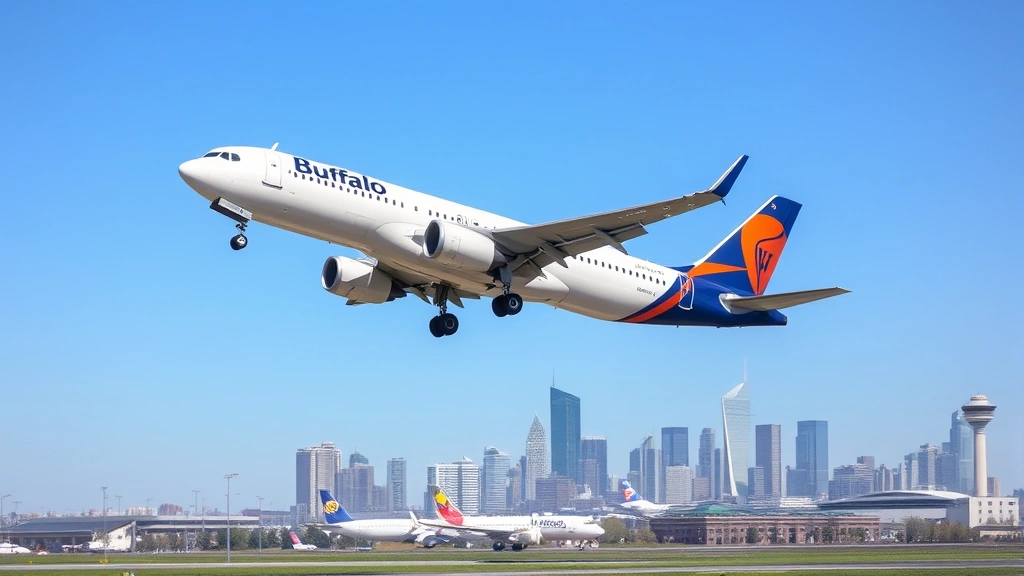 Modern commercial aircraft taking off from Buffalo Niagara International Airport with city skyline visible in background, clear blue sky, photorealistic daytime photography