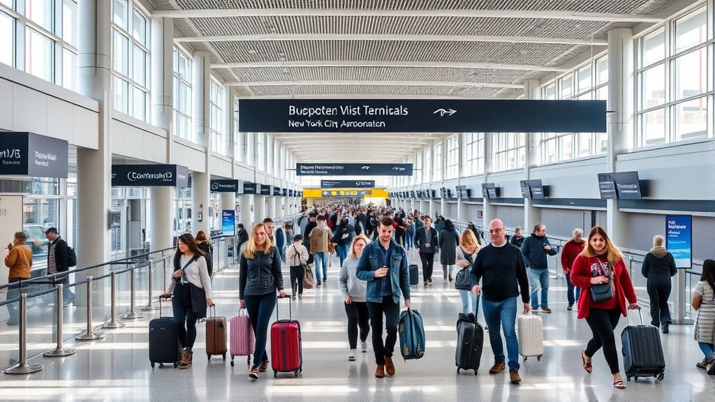 Busy departure hall of New York City airport terminal with travelers checking in and walking with luggage, modern architectural design, natural lighting, bustling atmosphere