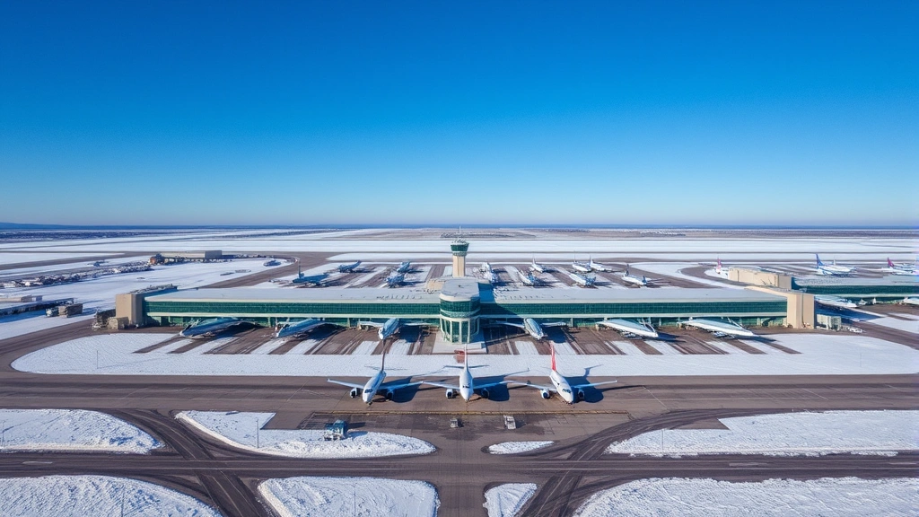 Aerial overhead view of Buffalo Niagara International Airport with multiple aircraft parked at gates, snow-covered ground in winter, clear blue sky