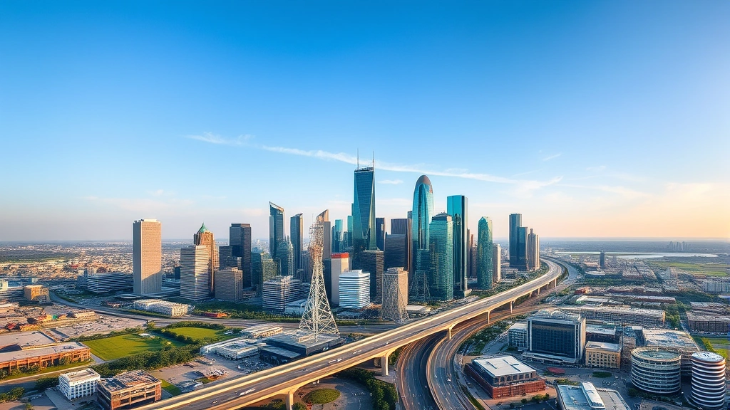 Aerial view of Houston downtown skyline with modern skyscrapers, highways, and urban landscape during daytime, photorealistic high-quality photograph