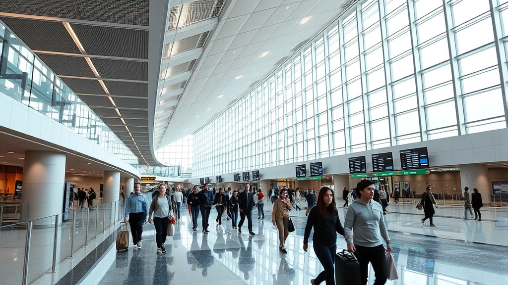 Hartsfield-Jackson Atlanta International Airport modern terminal interior with travelers walking through concourse, departure boards visible, bright natural lighting, contemporary architecture