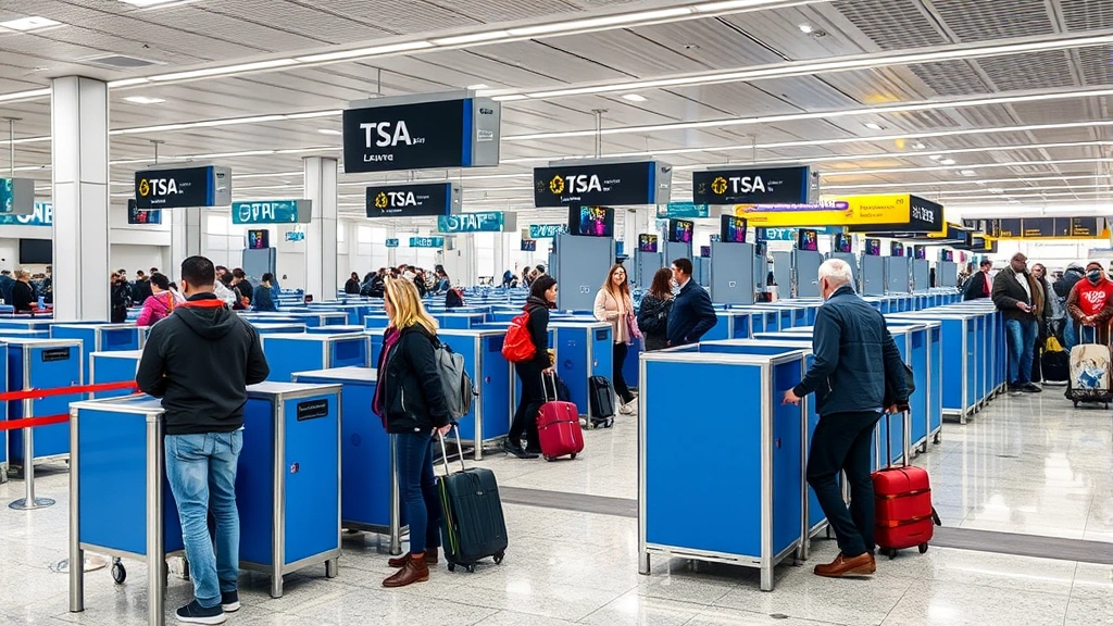 Airport security checkpoint with TSA lane, travelers with luggage, blue bins, modern airport infrastructure, busy but organized scene, daytime lighting