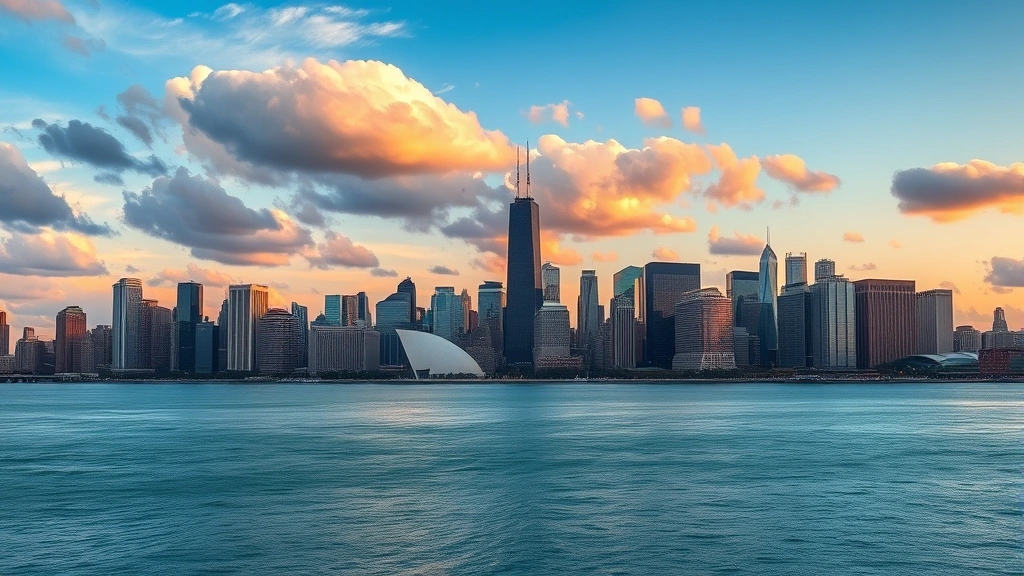 Panoramic view of Chicago skyline with clouds and Lake Michigan, modern cityscape during golden hour, photorealistic travel photography style