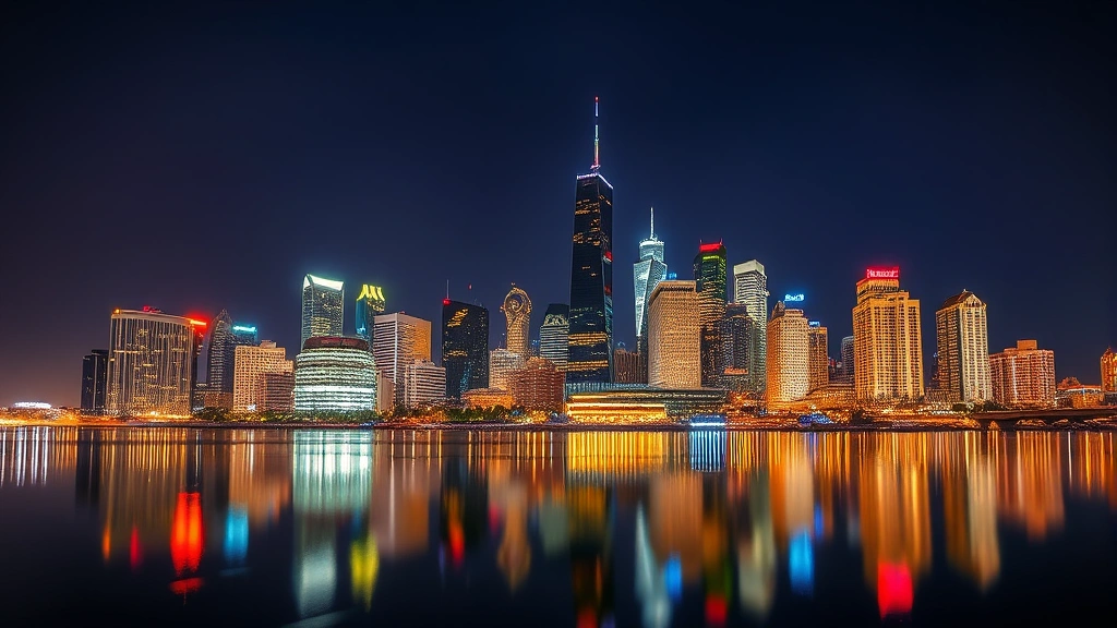 Houston skyline with downtown skyscrapers reflecting in water, vibrant evening lighting, professional travel destination photography