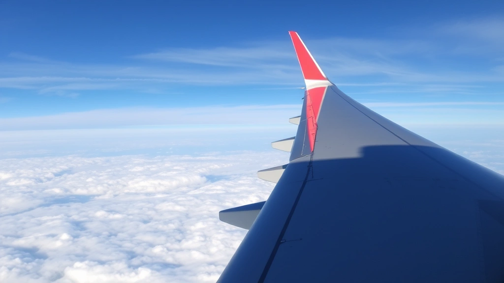 Overhead cabin view of airplane wing over clouds during daytime flight, passengers visible through windows, realistic commercial aviation photography