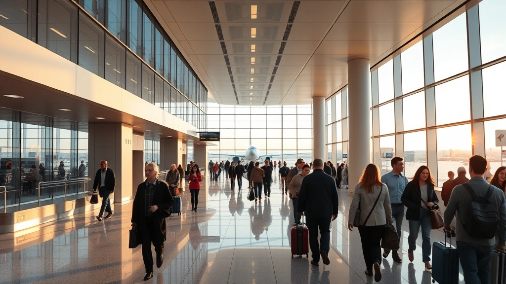 Photorealistic wide-angle view of Chicago O'Hare International Airport modern terminal with passengers walking through sleek corridors, large windows showing aircraft outside, warm neutral lighting, bustling but organized atmosphere, daytime