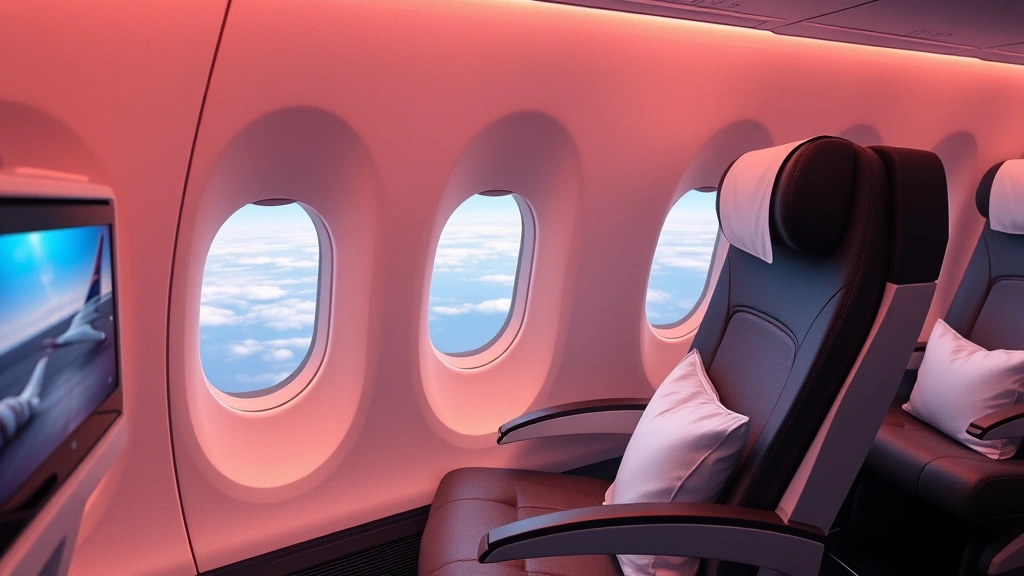 Photorealistic premium economy cabin interior on modern Boeing 787 Dreamliner, comfortable wide seat with personal entertainment screen, soft ambient lighting, window view of Atlantic Ocean clouds below, spacious legroom, elegant modern design