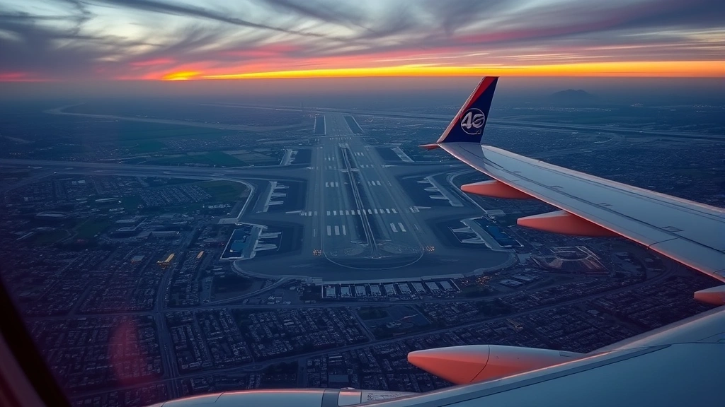 Photorealistic aerial view of Paris Charles de Gaulle Airport from aircraft window during golden hour approach, multiple runways visible, surrounding suburban landscape, aircraft wing in foreground, beautiful sunset lighting over Paris region