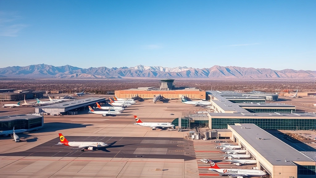 Aerial view of Denver International Airport with mountains in background, commercial aircraft at gates, modern terminal architecture, daytime, clear skies, photorealistic