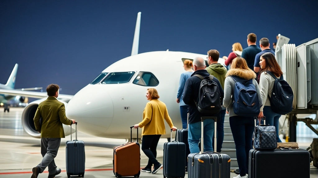 Passengers boarding modern commercial aircraft at airport gate, diverse travelers with luggage, bright terminal lighting, professional aviation environment, no visible text or signs