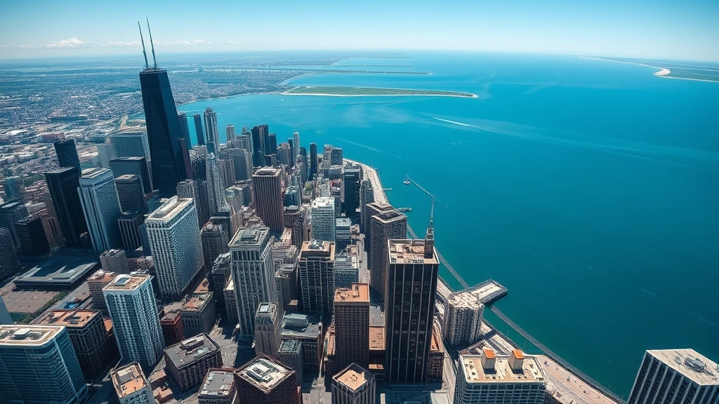 Chicago skyline with Lake Michigan, downtown Loop buildings, aerial cityscape view, blue water, urban landscape, daytime photography, photorealistic wide angle