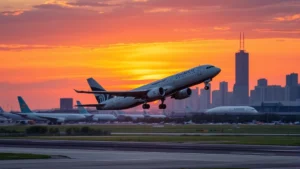 Modern commercial aircraft taking off from Chicago O'Hare International Airport runway at sunset, with city skyline visible in background, professional aviation photography