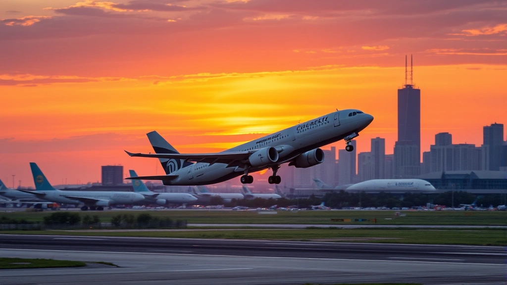 Modern commercial aircraft taking off from Chicago O'Hare International Airport runway at sunset, with city skyline visible in background, professional aviation photography