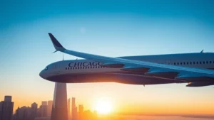 Modern commercial airplane flying over Chicago skyline at sunrise, wing visible, clear blue sky, photorealistic, no text or signs