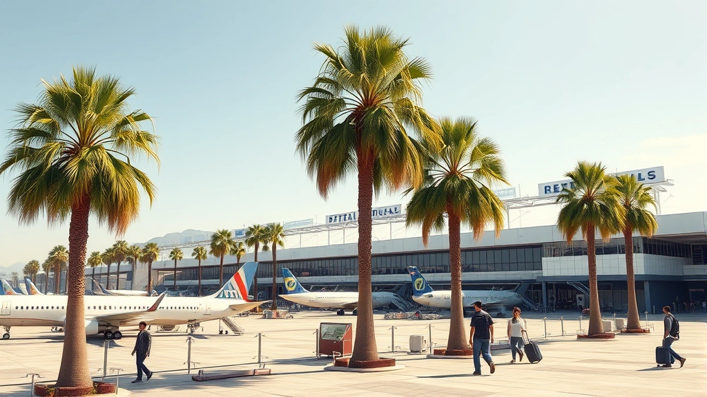 Los Angeles International Airport terminal exterior with palm trees, aircraft parked at gates, sunny California day, travelers walking with luggage, photorealistic