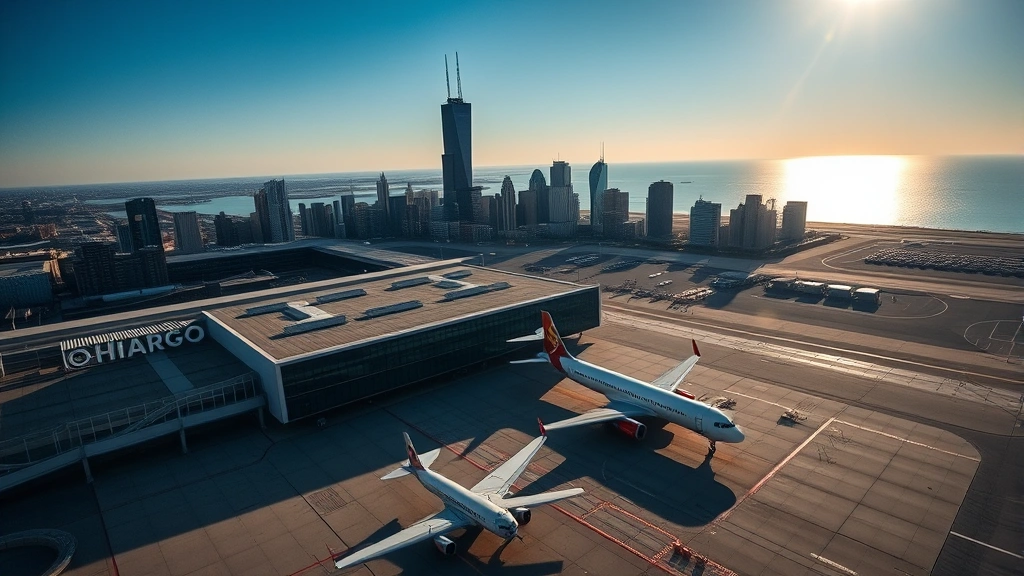 Aerial view of Chicago skyline with O'Hare or Midway airport terminal building, morning sunlight reflecting off Lake Michigan, modern aircraft on tarmac, professional travel photography style