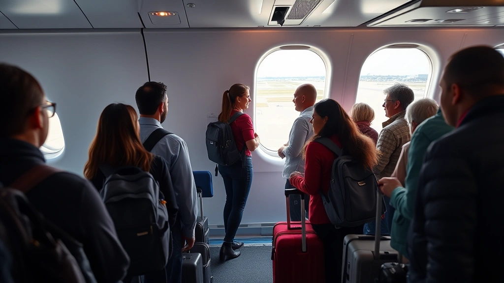 Passengers boarding modern commercial aircraft at gate, flight attendants welcoming travelers, window showing runway and airport infrastructure, warm cabin lighting, diverse travelers with carry-on luggage