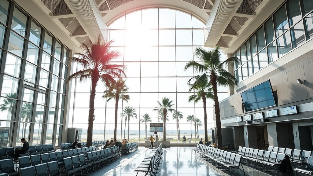 Tampa International Airport modern terminal interior with palm trees visible through windows, passenger seating areas, departure boards, natural daylight streaming through architectural glass, tropical Florida atmosphere