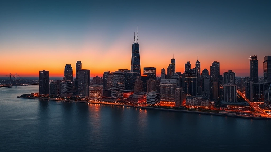 Aerial view of Chicago skyline with Lake Michigan during golden hour, city lights reflecting on water, modern skyscrapers visible