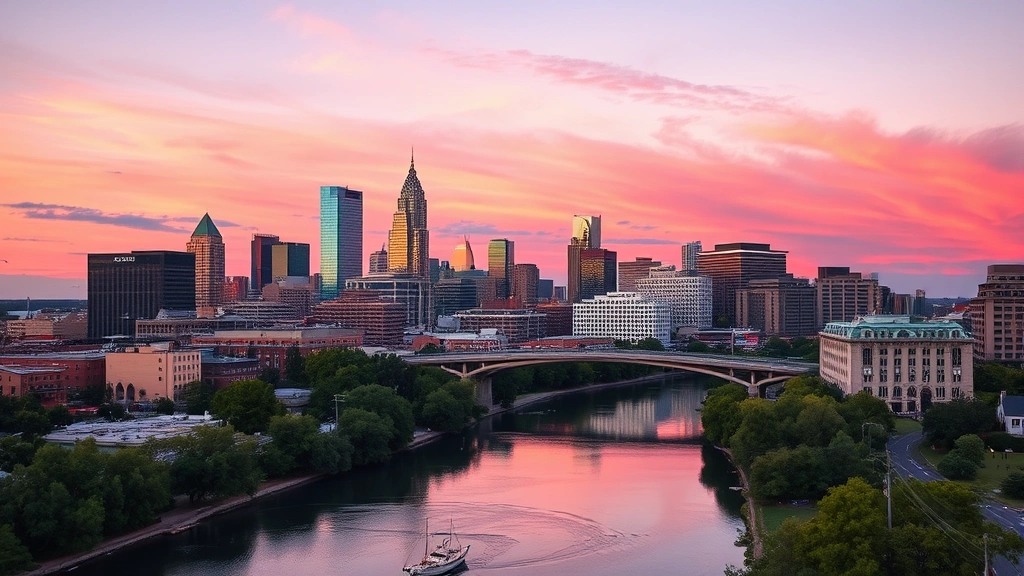 Austin downtown skyline at sunset with Colorado River in foreground, pink and purple sky, live music venue district visible