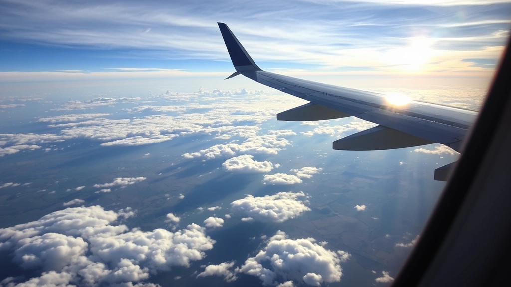 Modern airplane wing view during flight over landscape, clouds below, wing tip catching sunlight, passenger window perspective