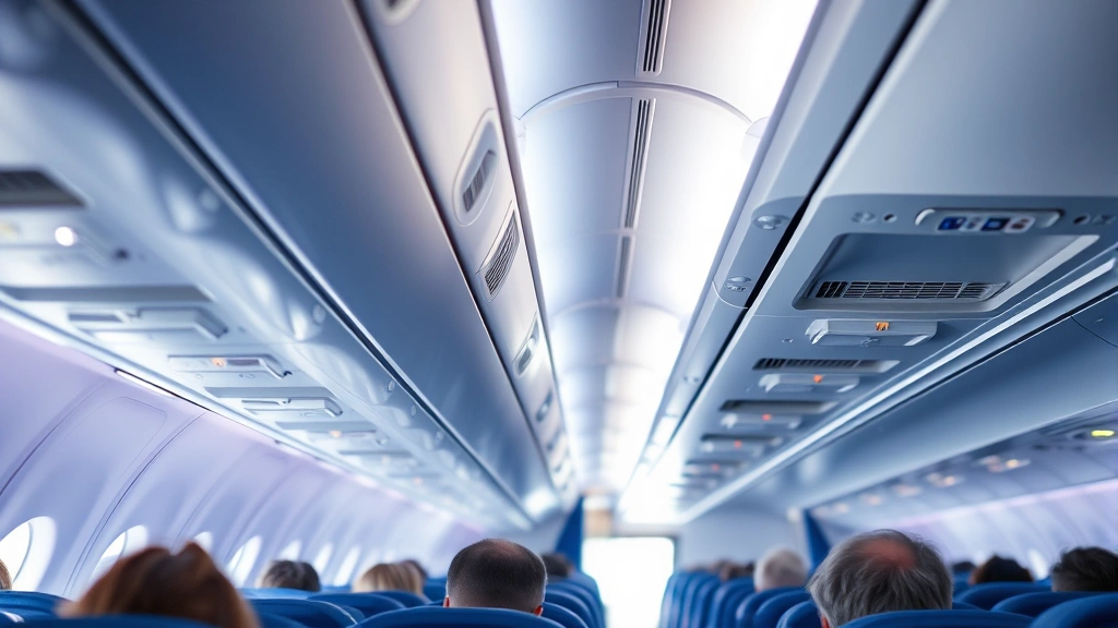 Modern commercial aircraft cabin interior during flight with passengers seated, showing overhead bins and aisle lighting, blue and white color scheme, daytime photography