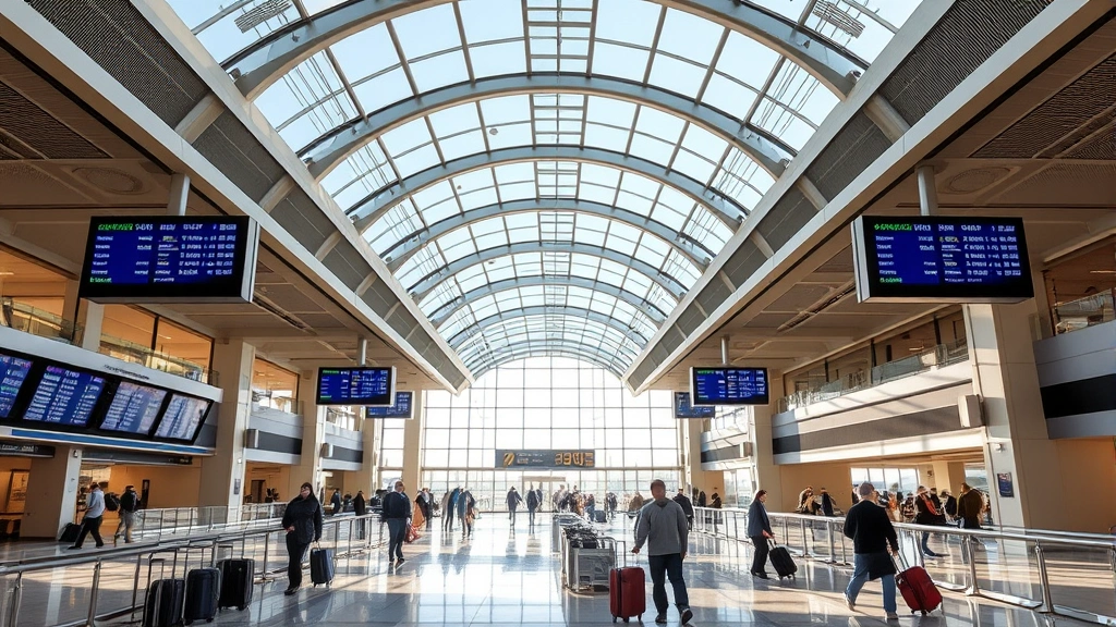 Chicago O'Hare International Airport terminal interior with modern architecture, departure boards, and travelers with luggage, bright contemporary design, morning light